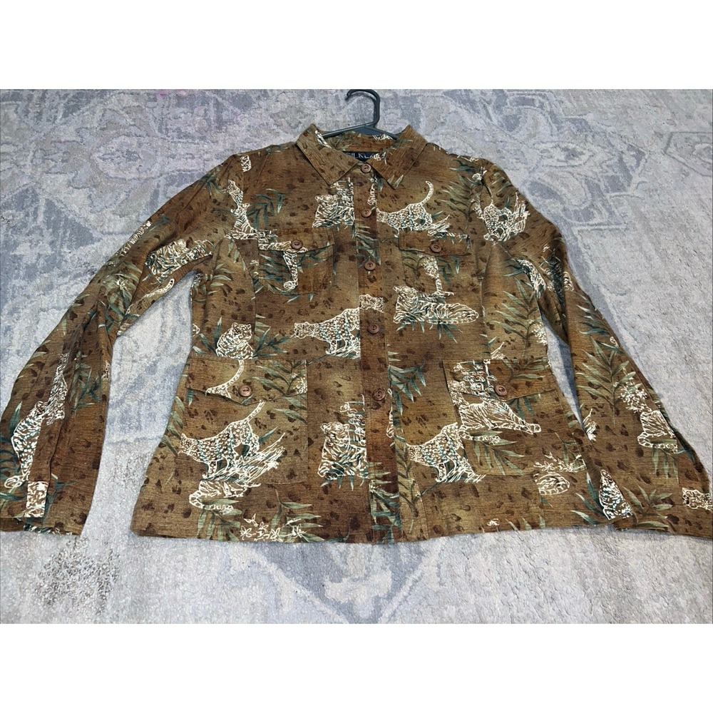 Silkland Shirt Womens‎ Sz Medium Brown Cheetah Palm Safari Button Silk Pockets